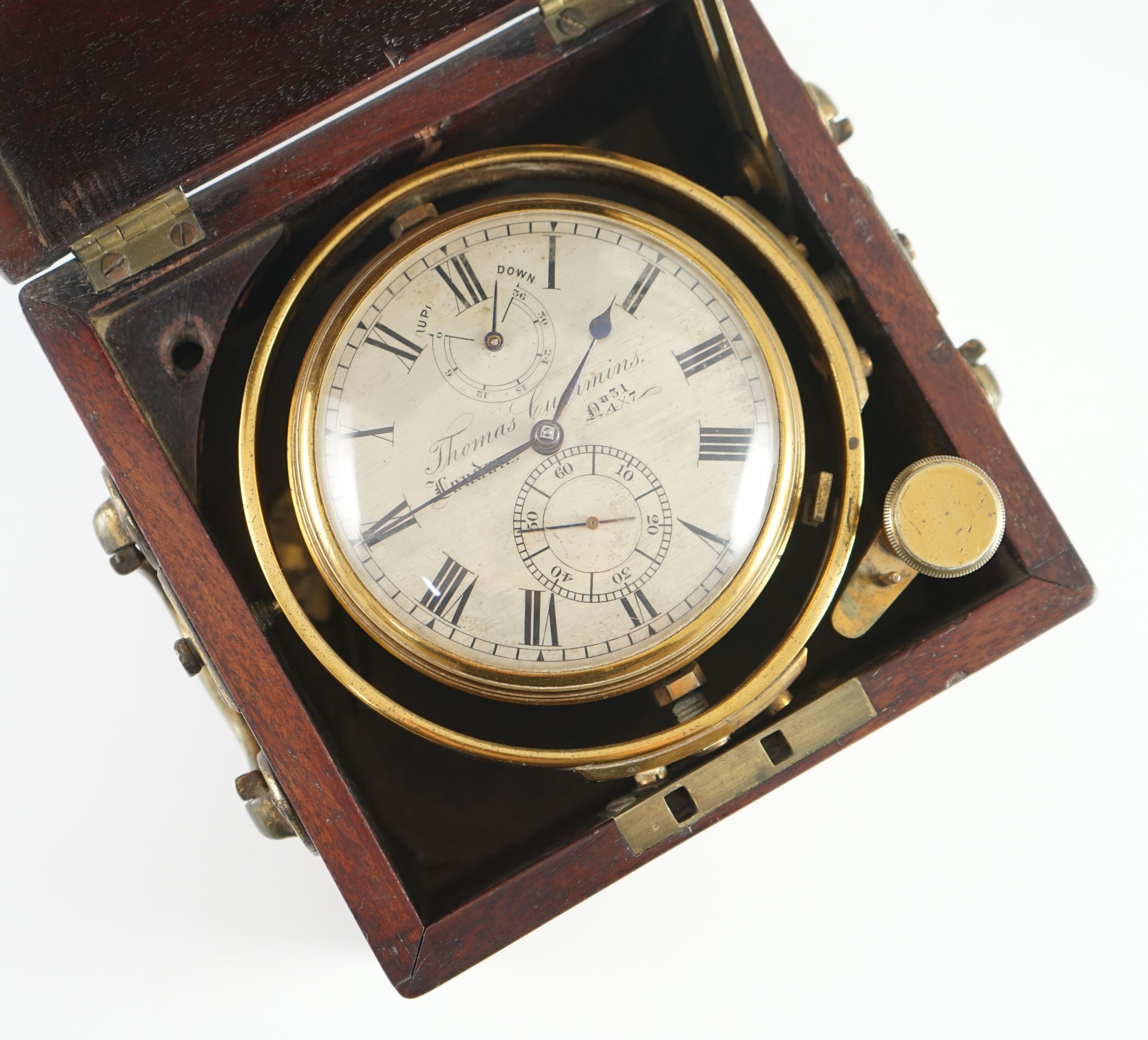 Thomas Cummins of London. A mid 19th century mahogany cased thirty six hour marine chronometer, width 14.5cm, depth 14.5cm, height 15cm